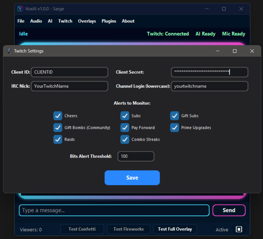 Screenshot showing event handling for Twitch alerts