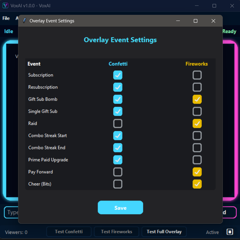 Screenshot of the Overlay Events Settings in VoxAI