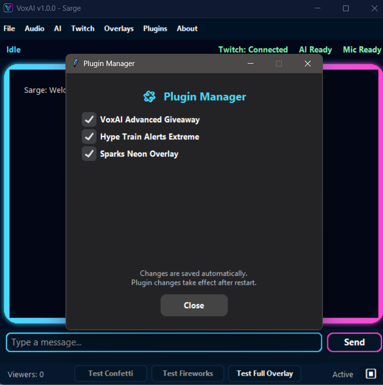 Screenshot of the Plugin Manager in VoxAI