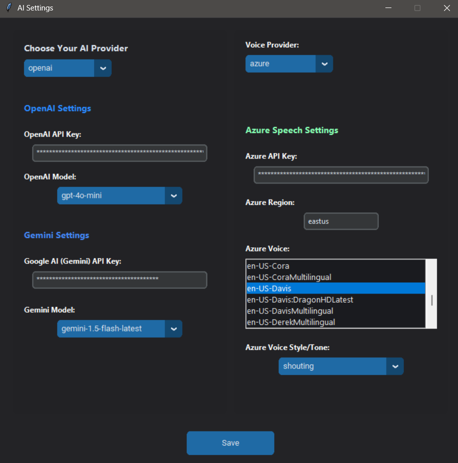 Screenshot of the voice selection panel with many options